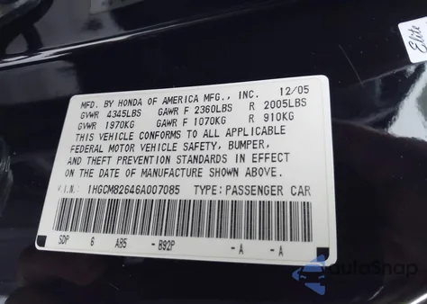 2006 Honda Accord 3.0 Ex z USA, uszkodzony, nr VIN 1HGCM82646A007085